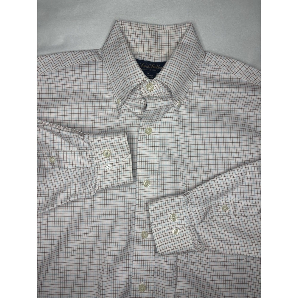 Brooks Brothers Button Down Shirt Made in USA Woven in Italy Medium Plaid White